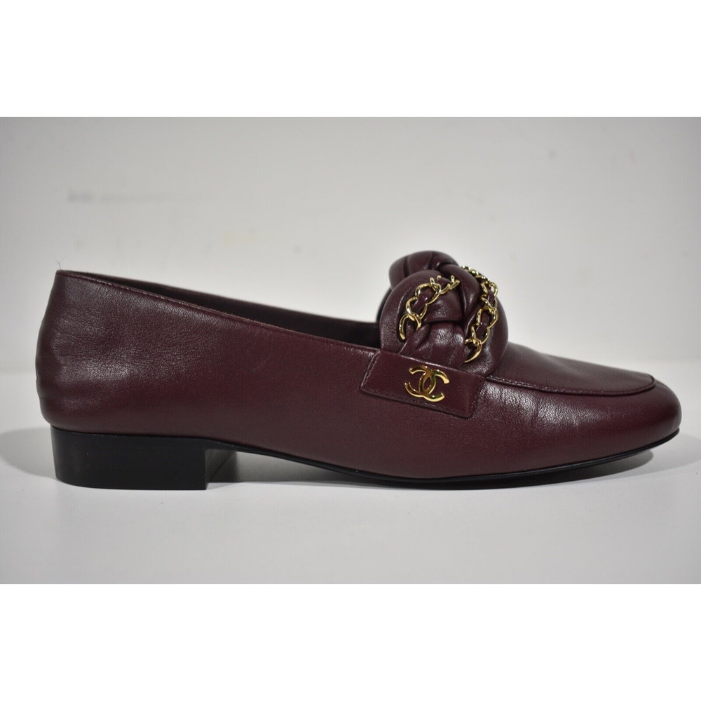 Chanel 17A Burgundy Red Braided CC Logo Gold Chain Slide Loafer Moccasin Flat 37